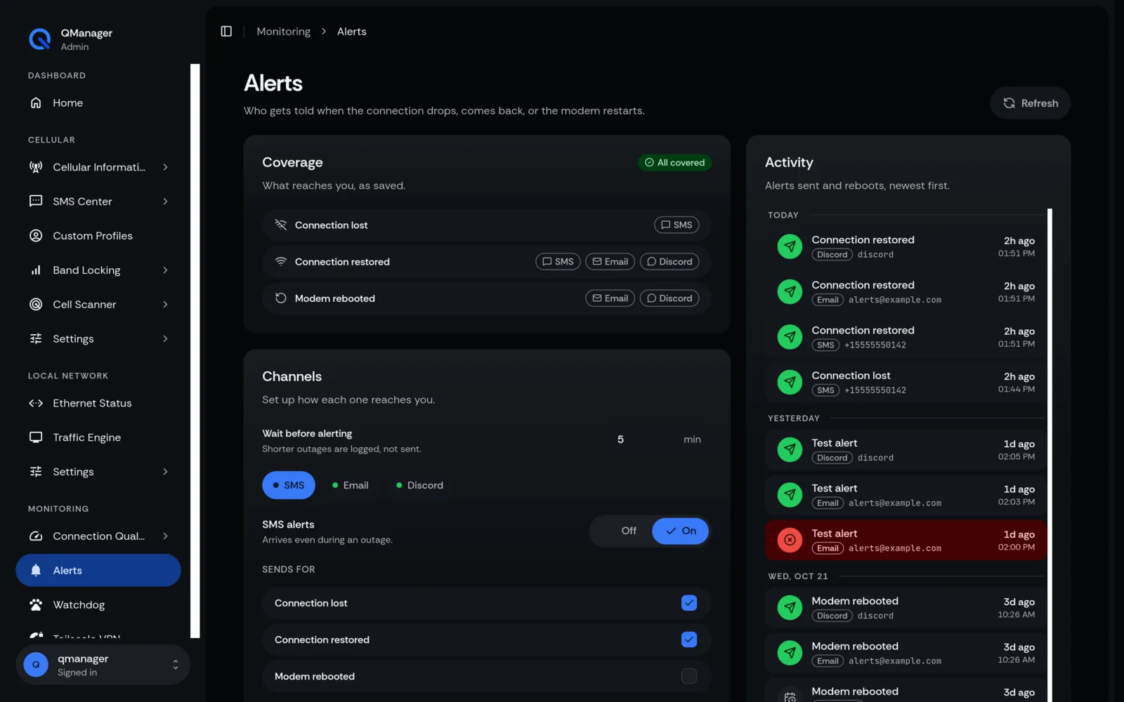 QManager RM520N Alerts screen