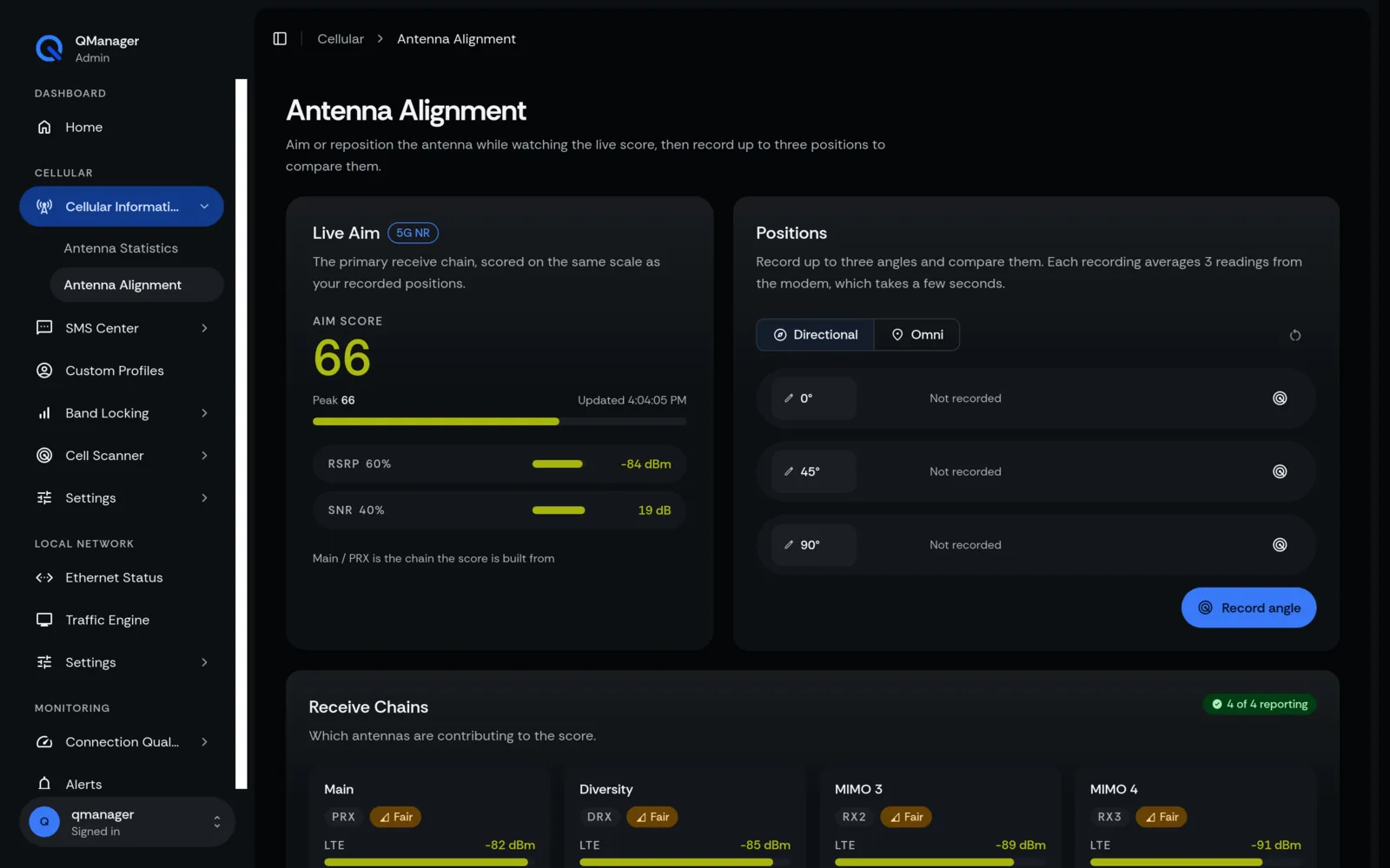 QManager RM520N Antenna alignment screen