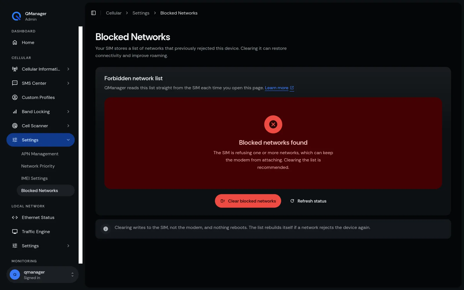 QManager RM520N Blocked networks (FPLMN) screen