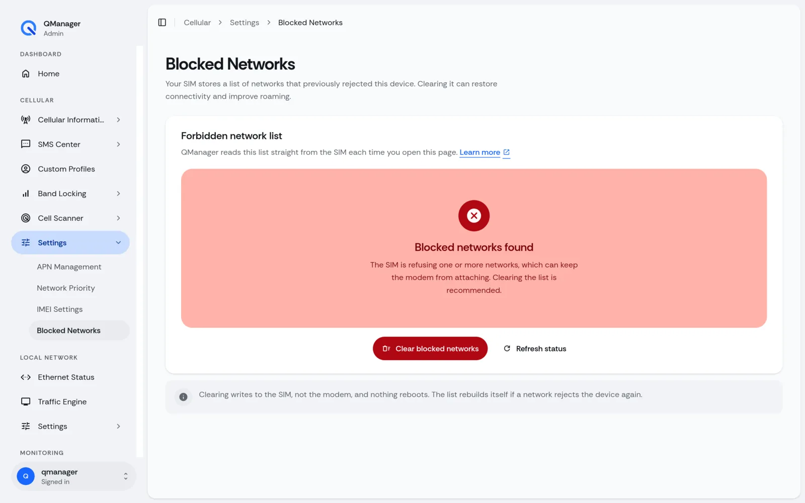 QManager RM520N Blocked networks (FPLMN) screen