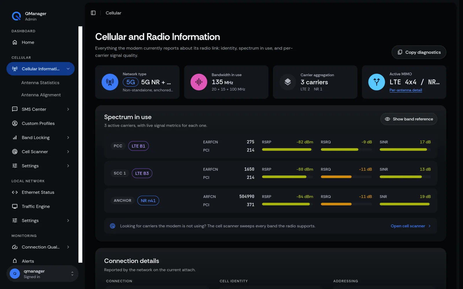 QManager RM520N Cellular and radio information screen