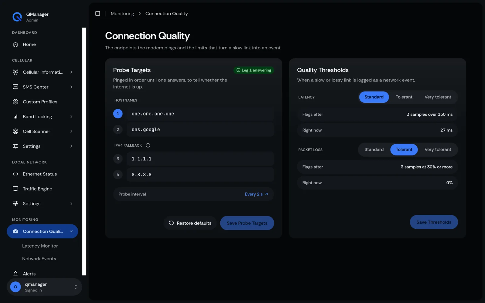 QManager RM520N Connection quality screen