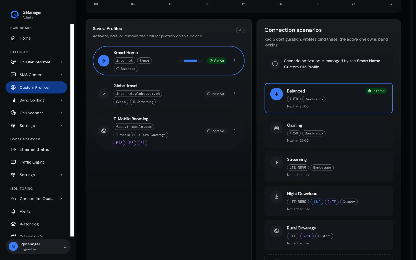 QManager RM520N Connection scenarios screen