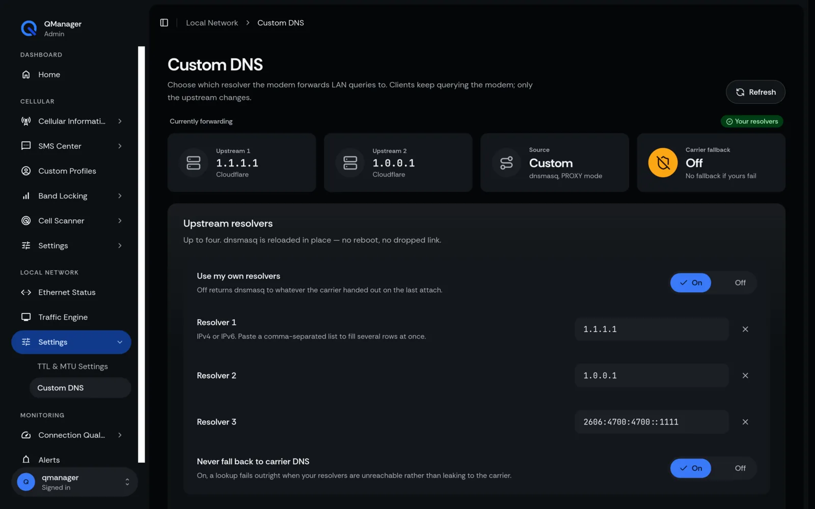 QManager RM520N Custom DNS screen