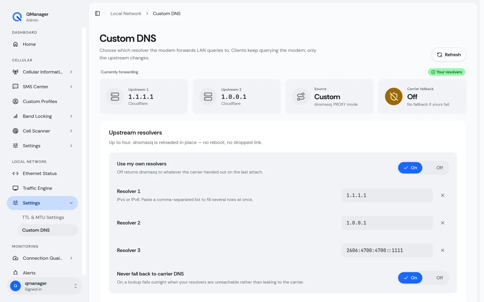 QManager RM520N Custom DNS screen