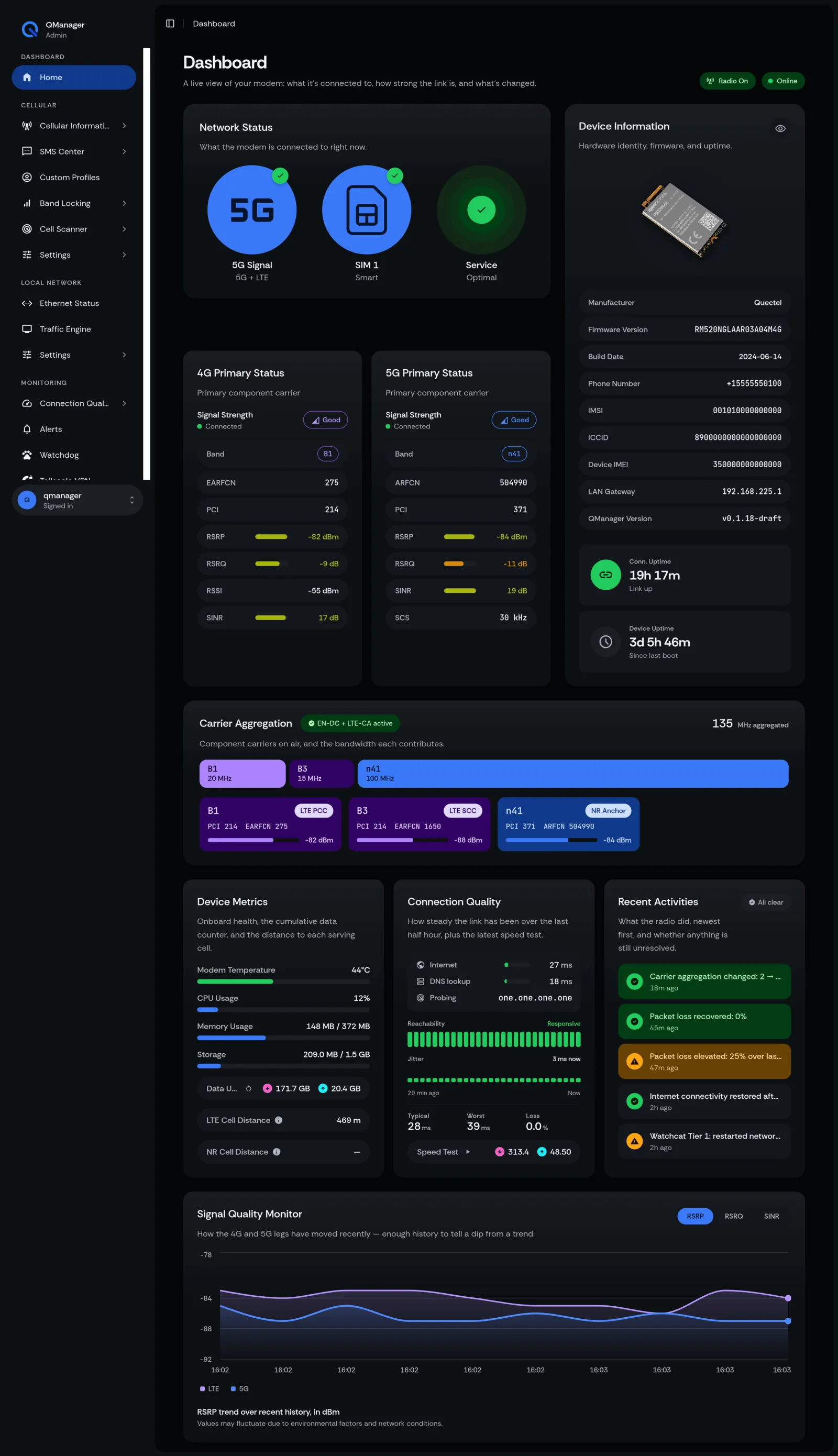 QManager RM520N Dashboard (full page) screen