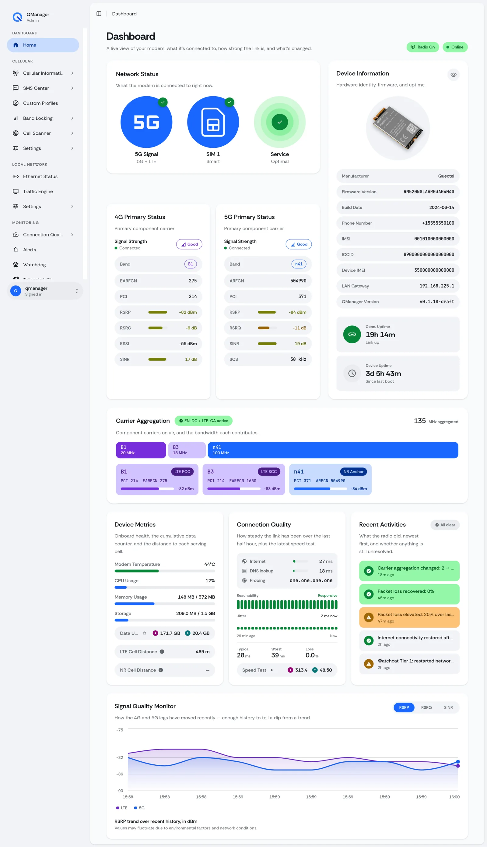 QManager RM520N Dashboard (full page) screen