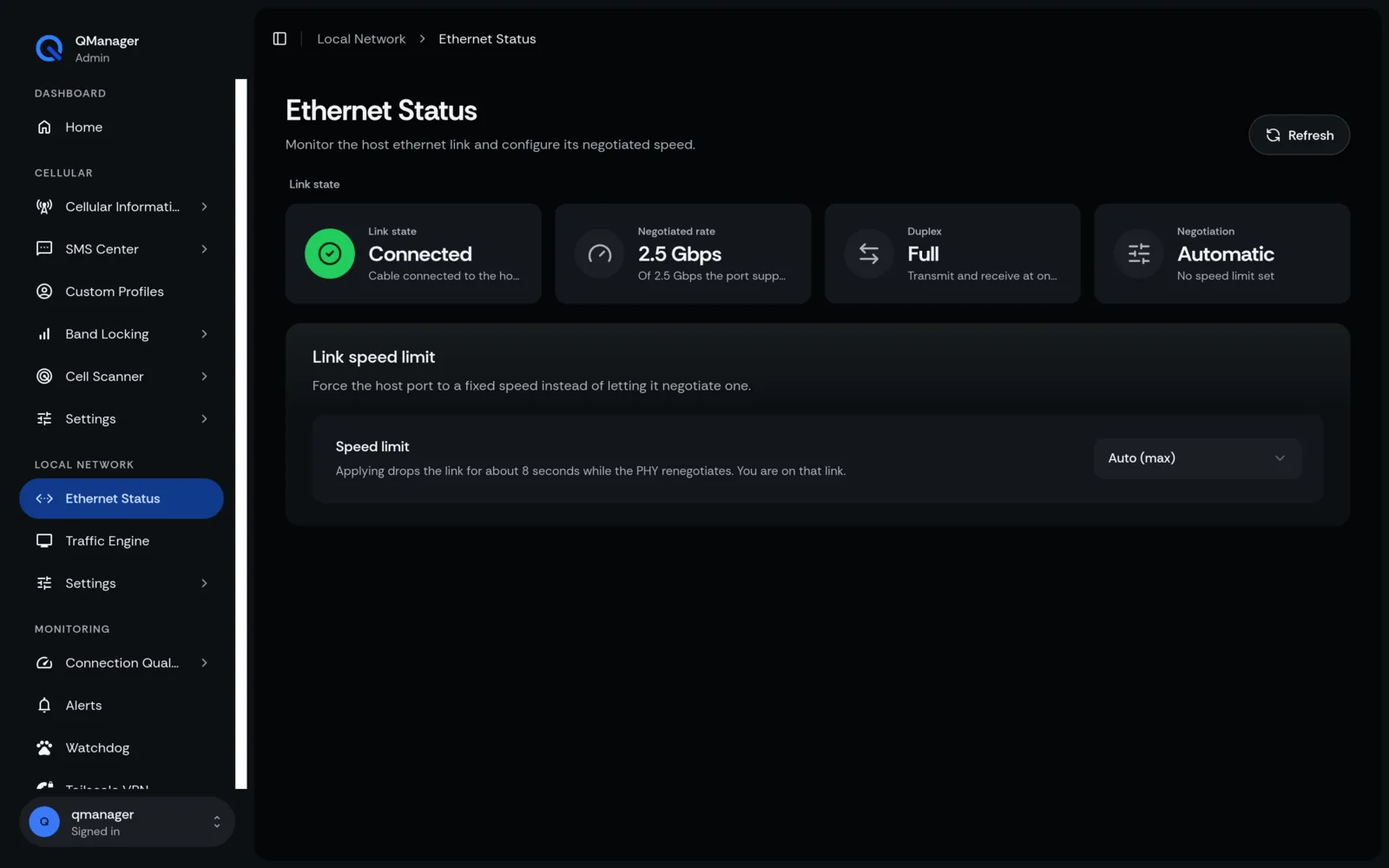 QManager RM520N Ethernet status screen
