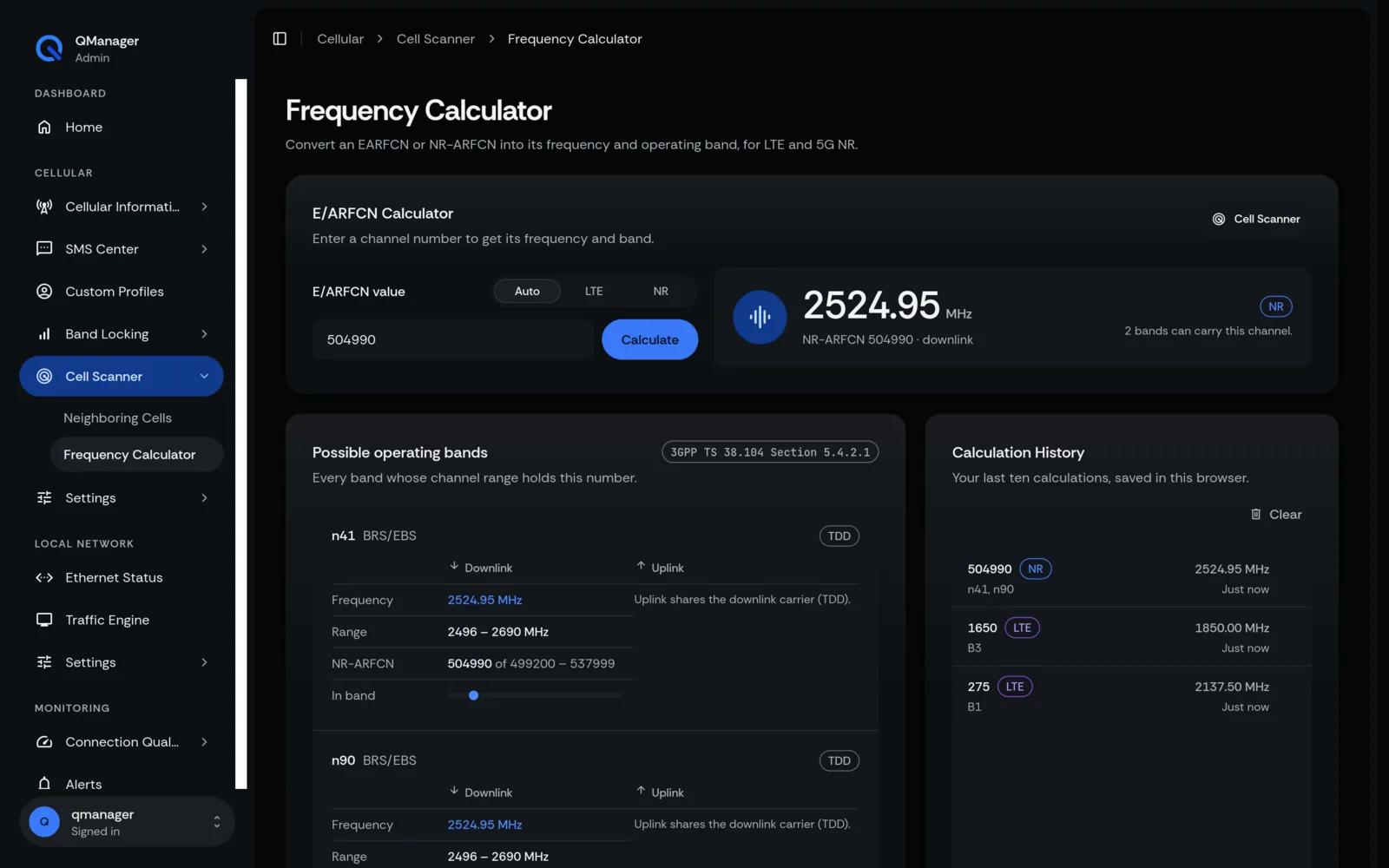 QManager RM520N Frequency calculator screen