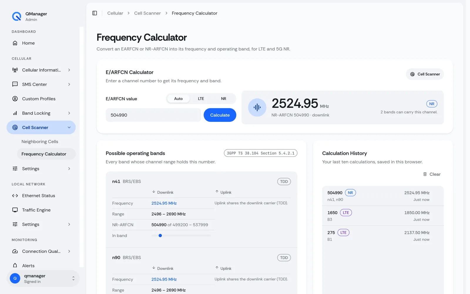 QManager RM520N Frequency calculator screen