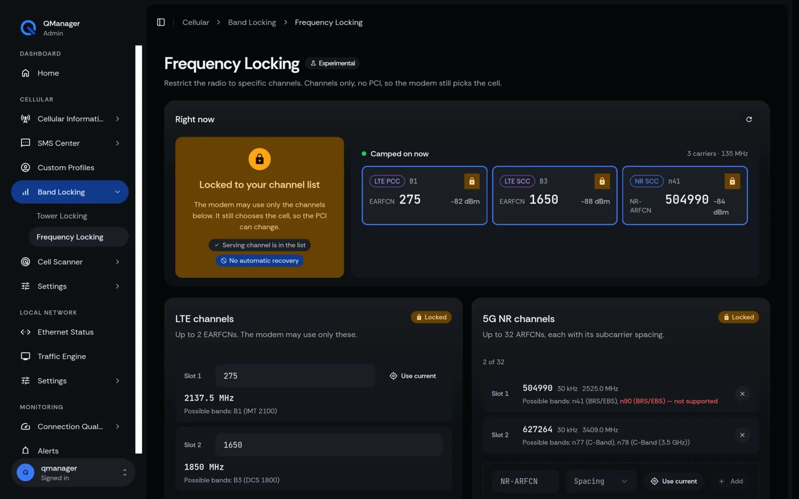 QManager RM520N Frequency locking screen