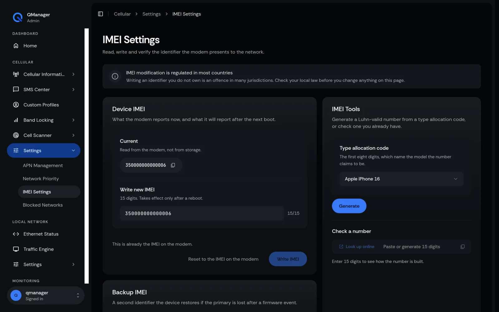 QManager RM520N IMEI settings screen