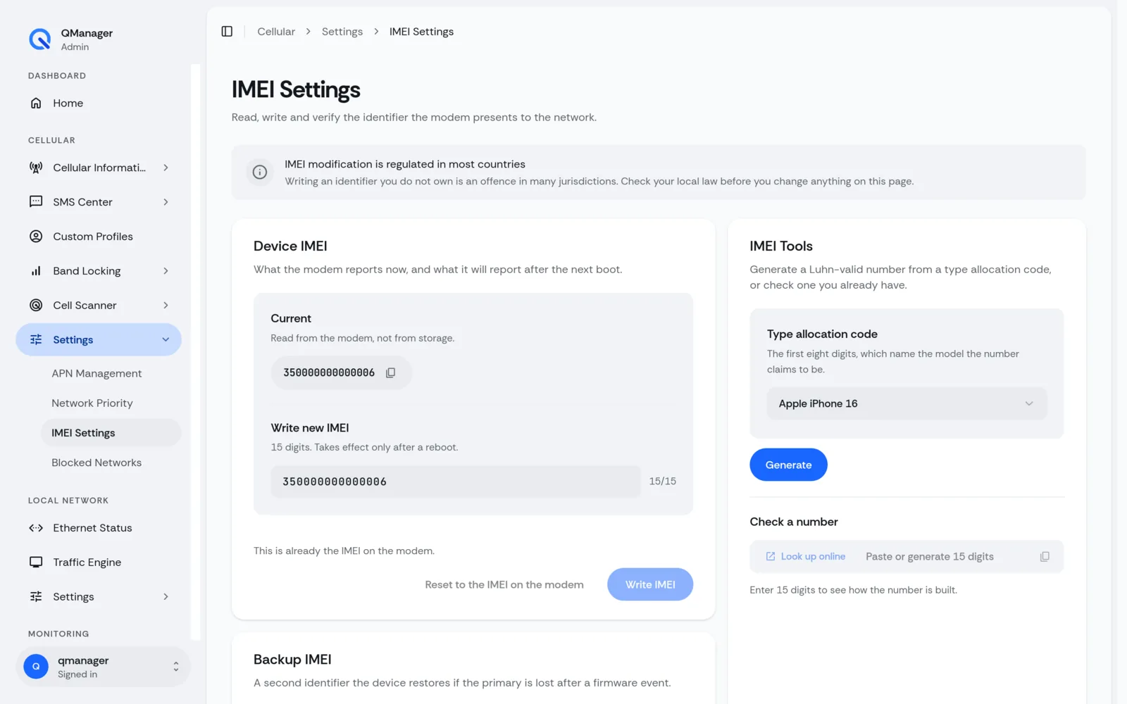 QManager RM520N IMEI settings screen