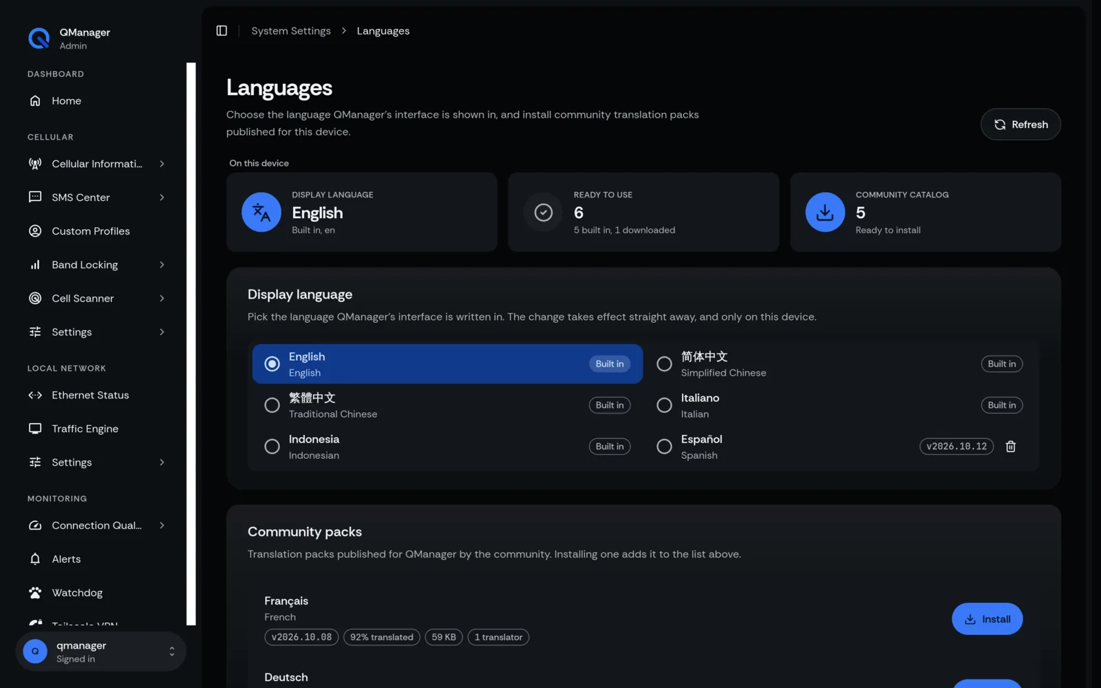QManager RM520N Languages screen