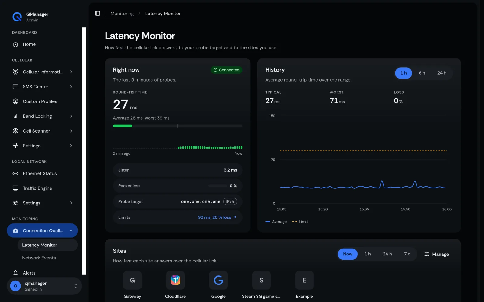QManager RM520N Latency monitor screen
