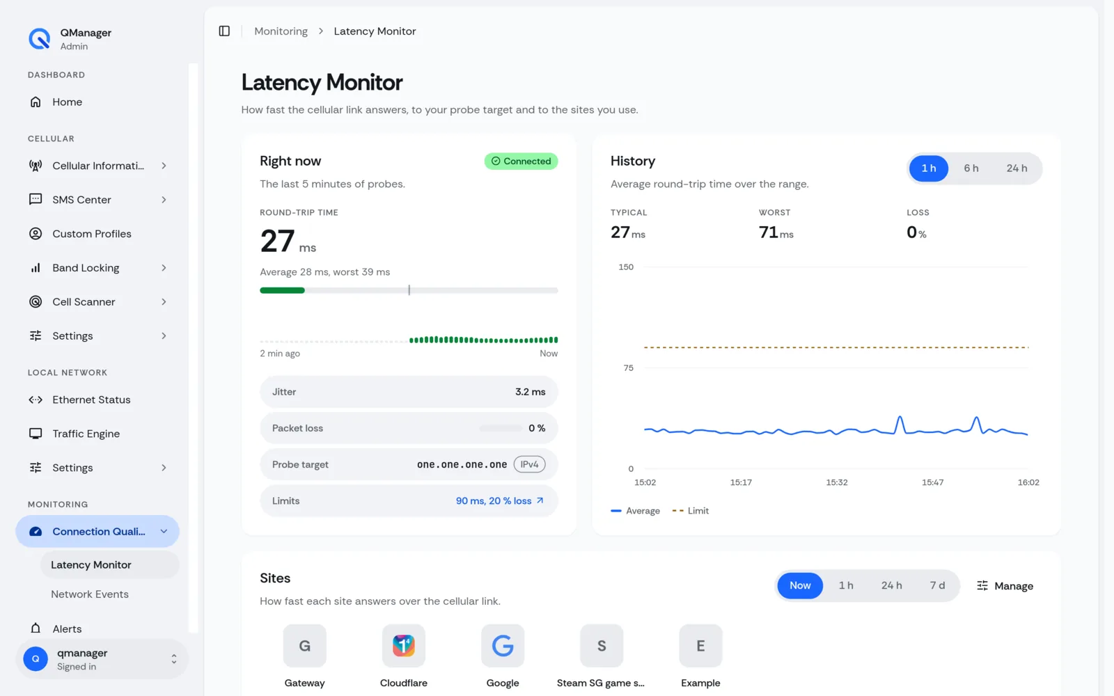 QManager RM520N Latency monitor screen