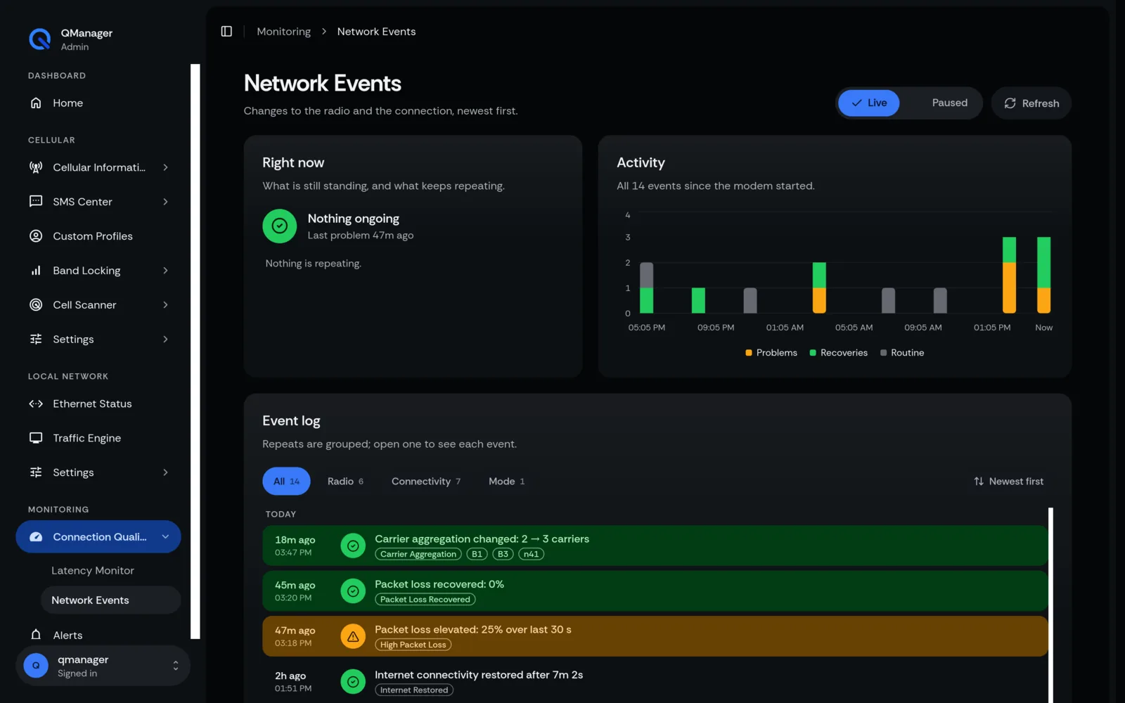 QManager RM520N Network events screen