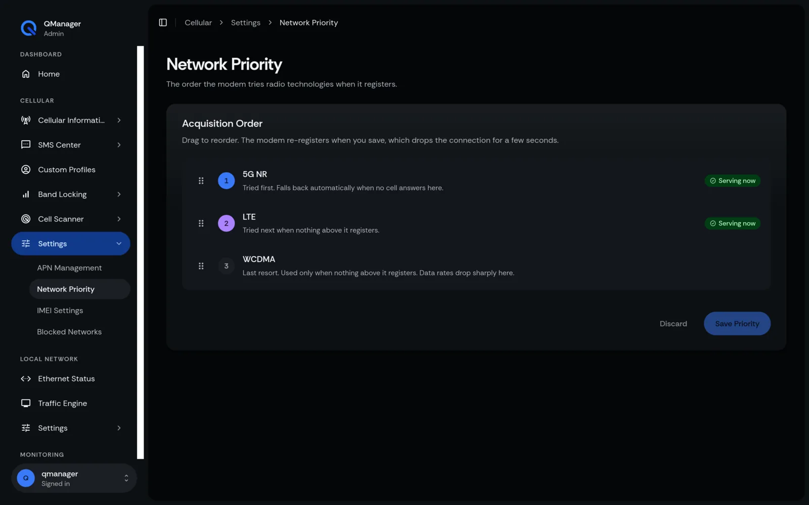 QManager RM520N Network priority screen