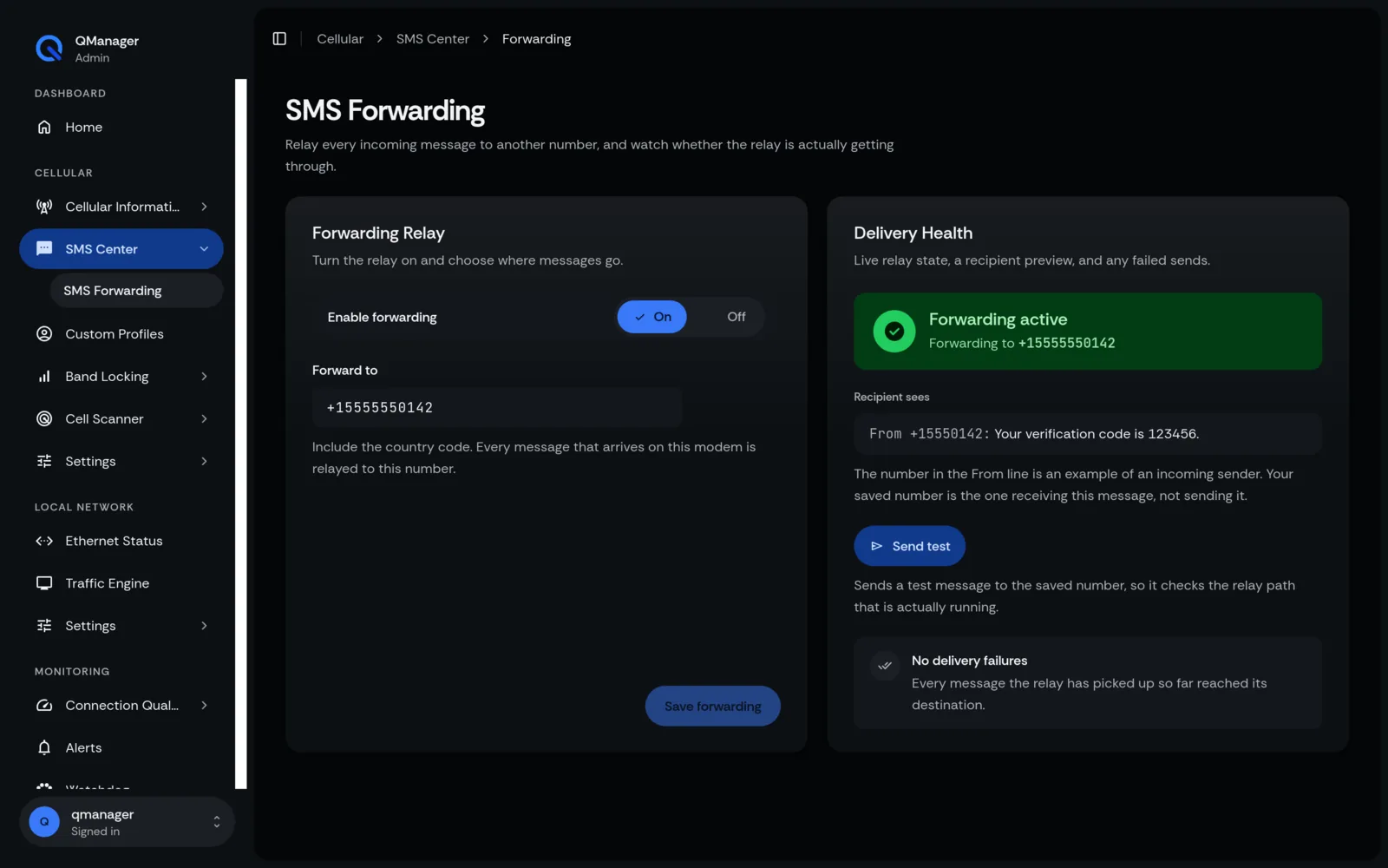 QManager RM520N SMS forwarding screen