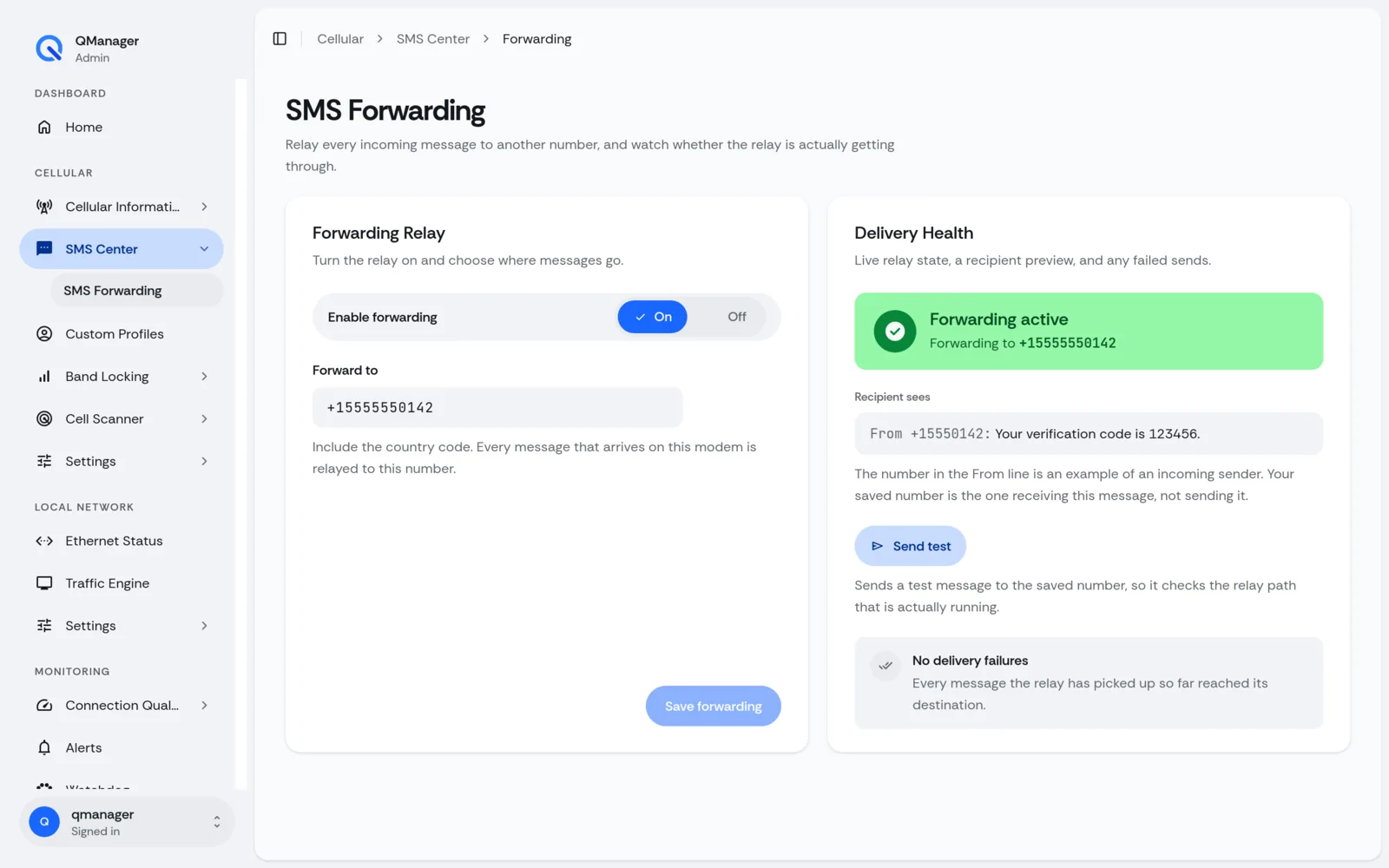 QManager RM520N SMS forwarding screen