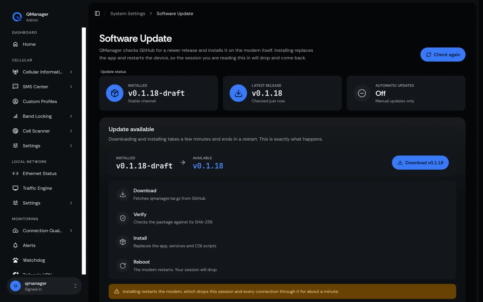 QManager RM520N Software update screen