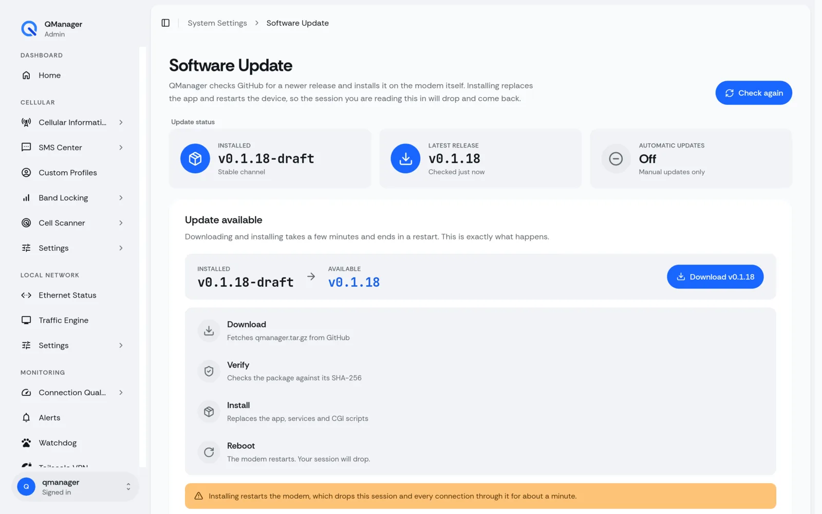 QManager RM520N Software update screen