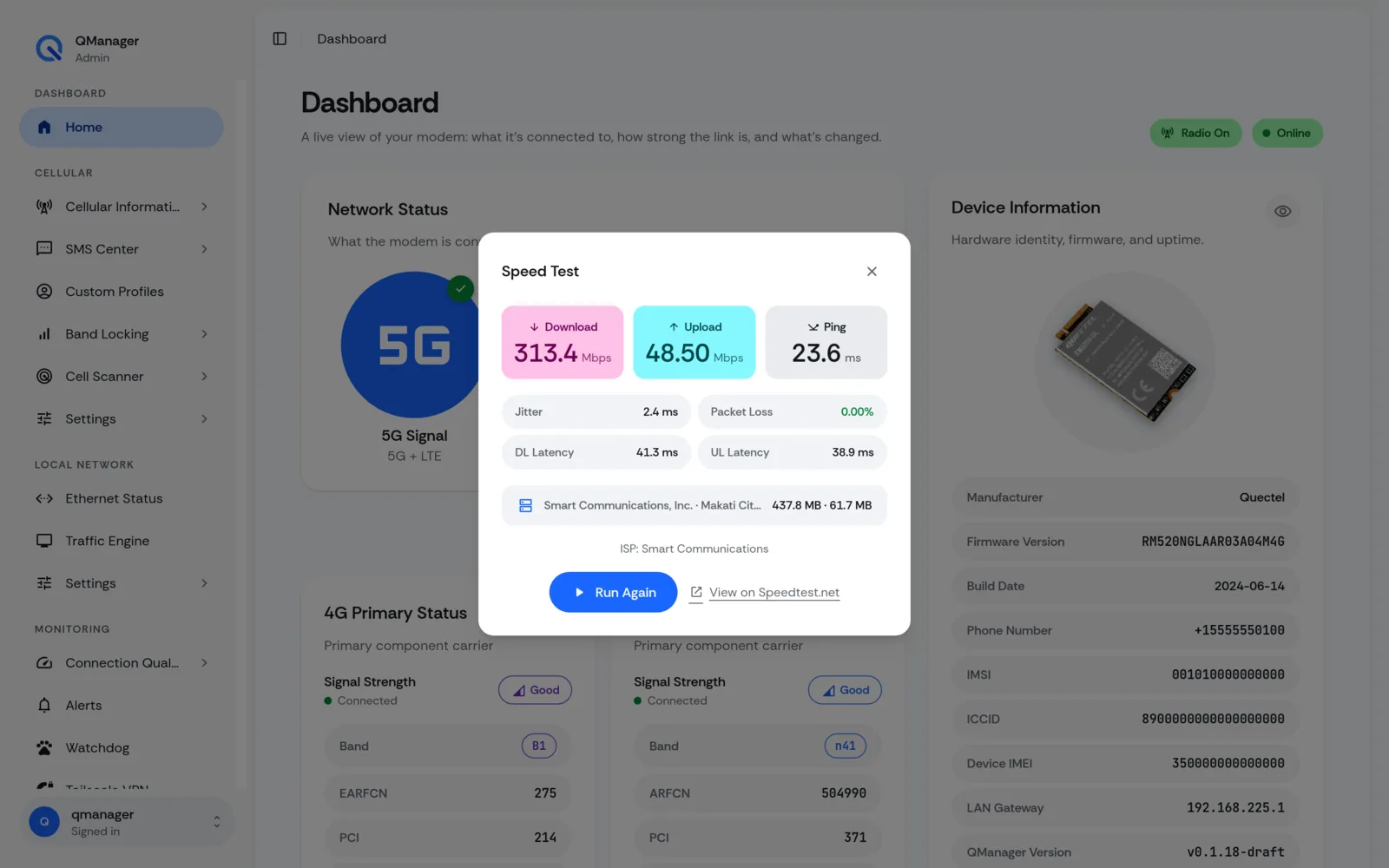 QManager RM520N Speed test screen