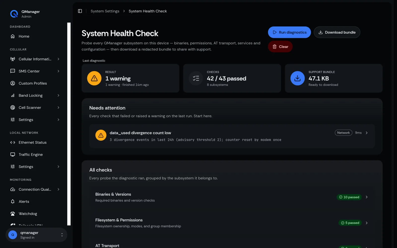QManager RM520N System health check screen