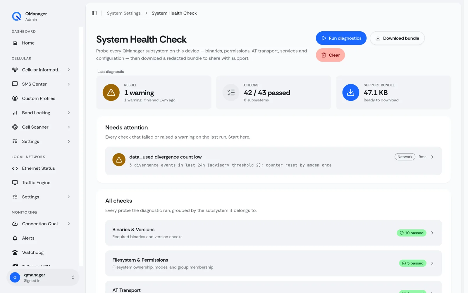 QManager RM520N System health check screen