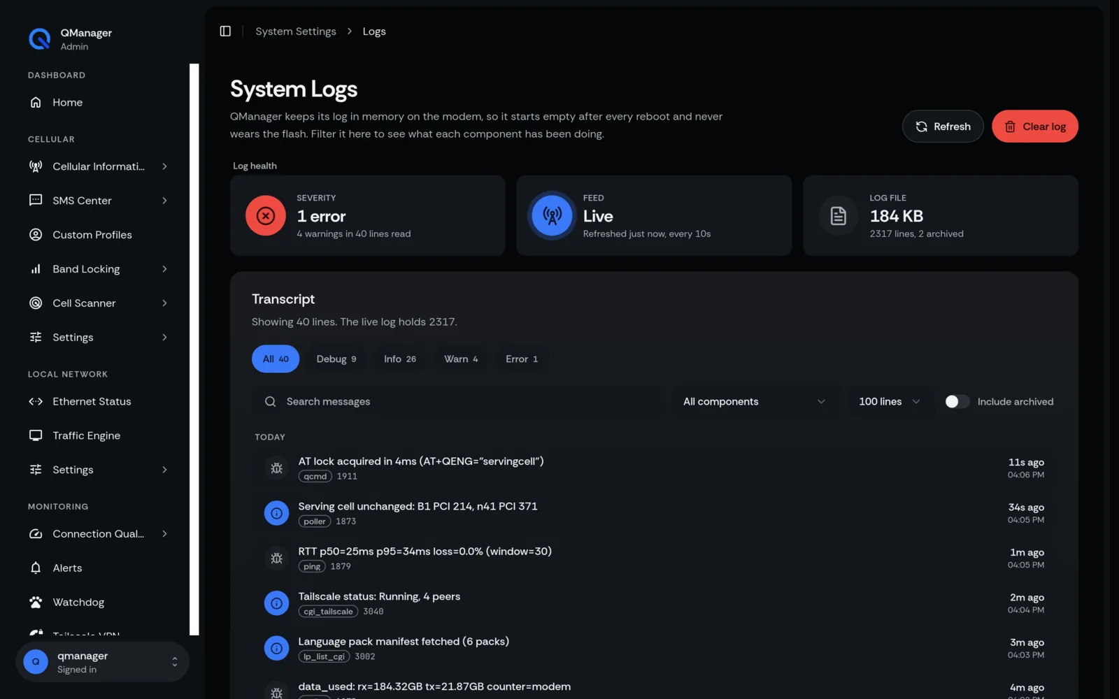 QManager RM520N System logs screen