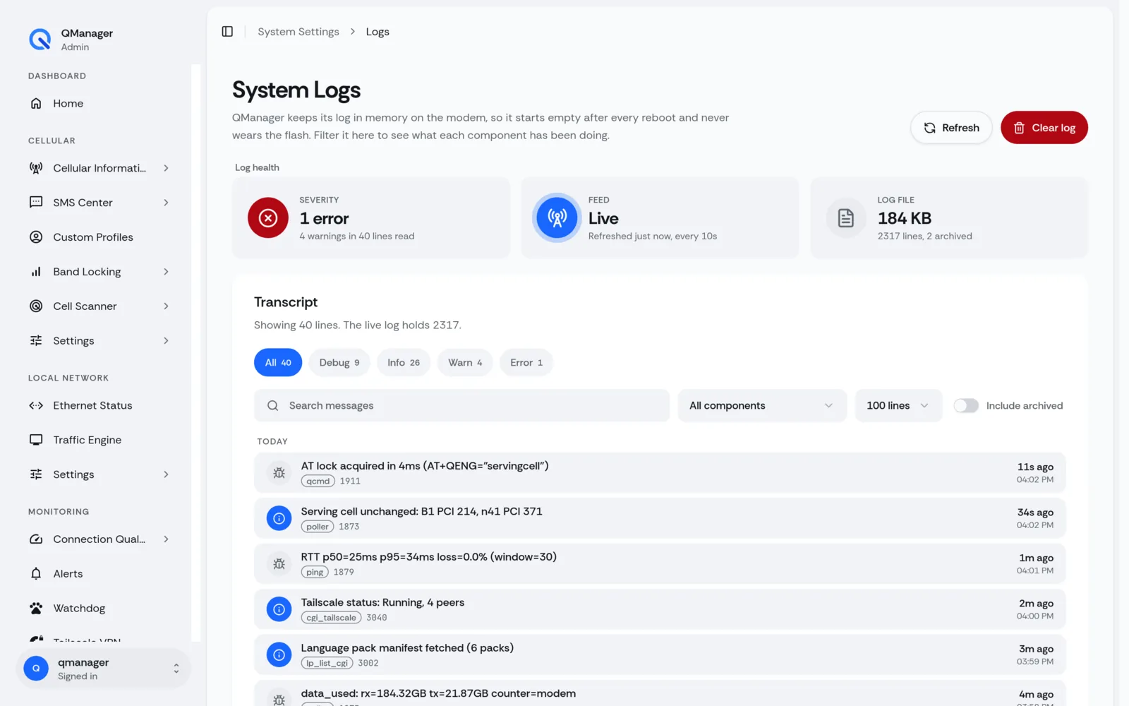 QManager RM520N System logs screen