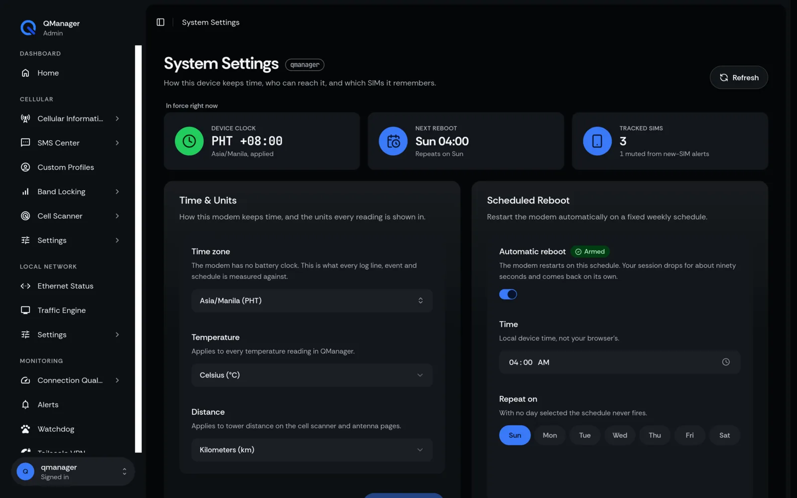 QManager RM520N System settings screen