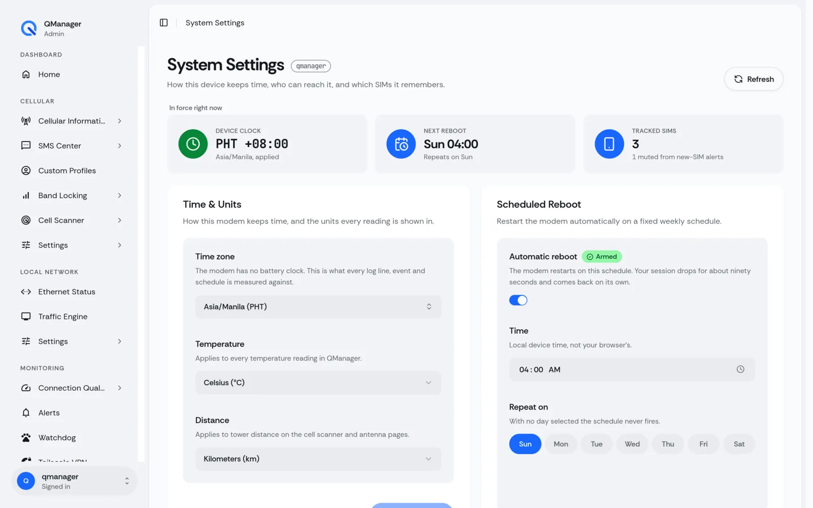 QManager RM520N System settings screen