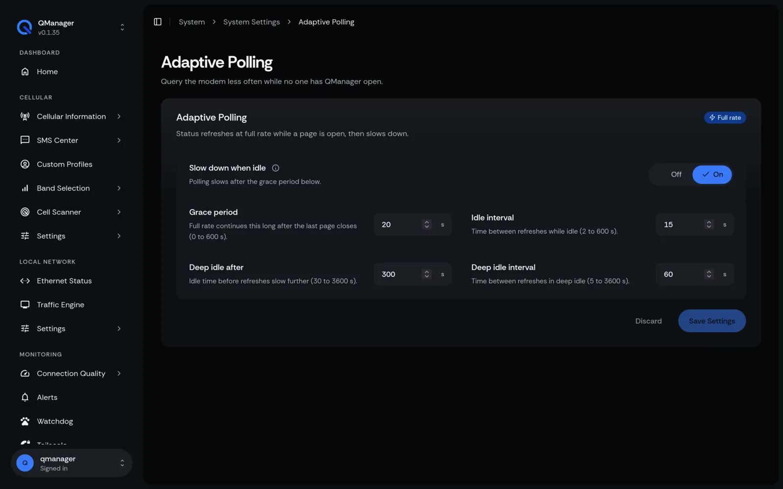QManager RM551E Adaptive polling screen
