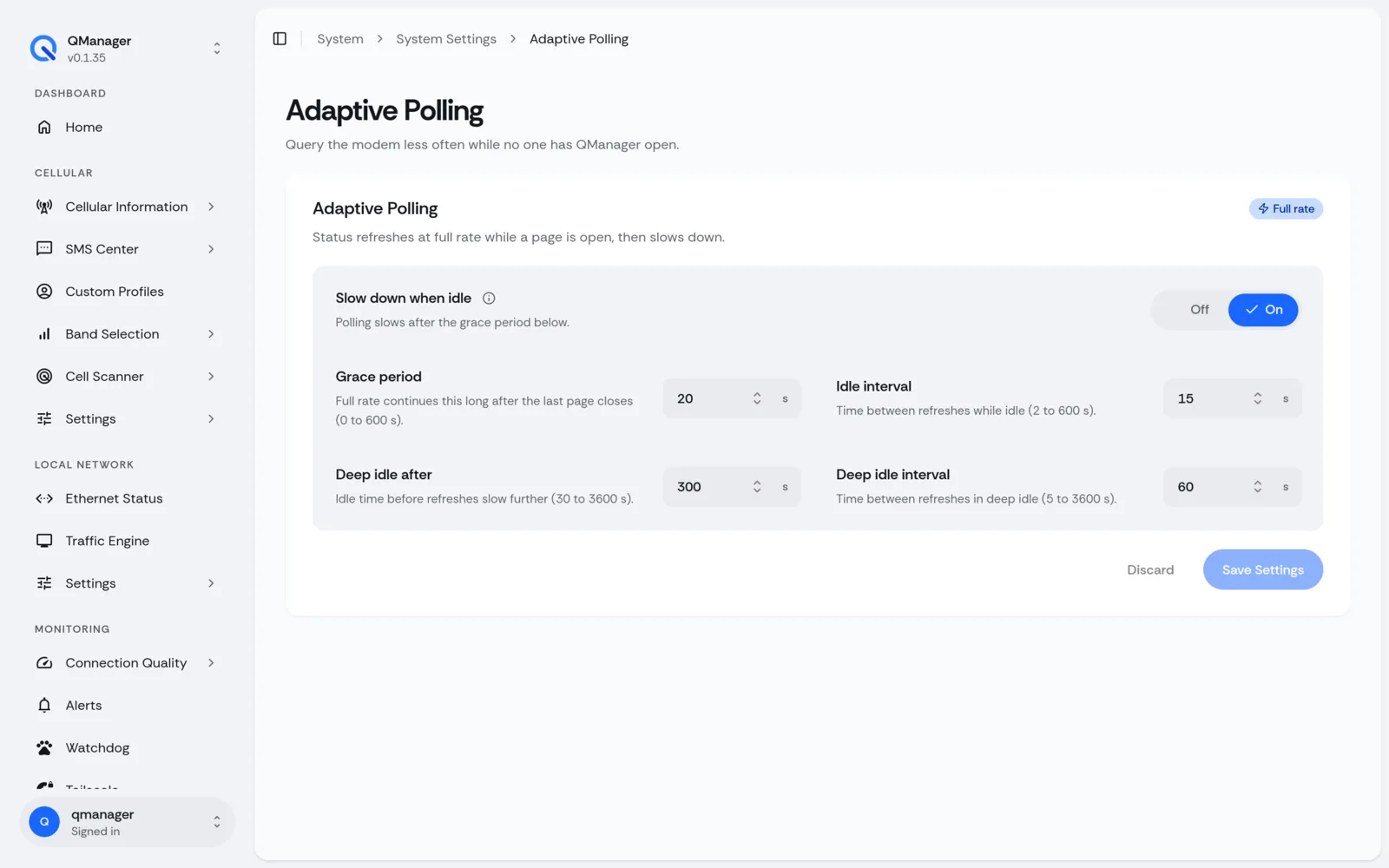 QManager RM551E Adaptive polling screen