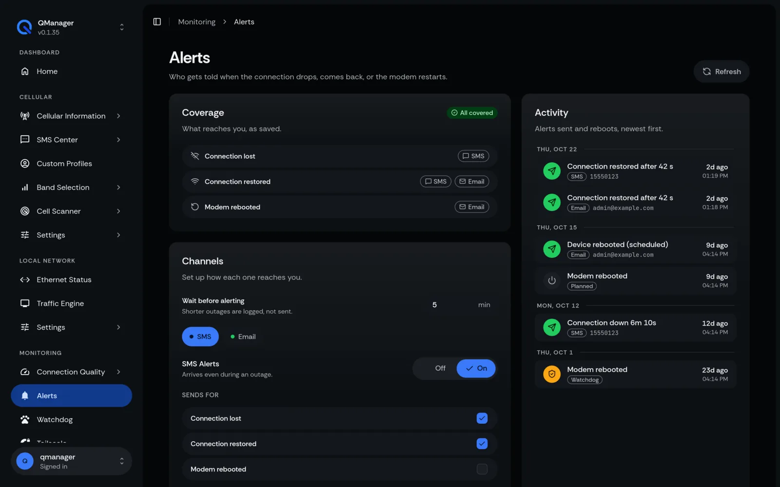 QManager RM551E Alerts screen