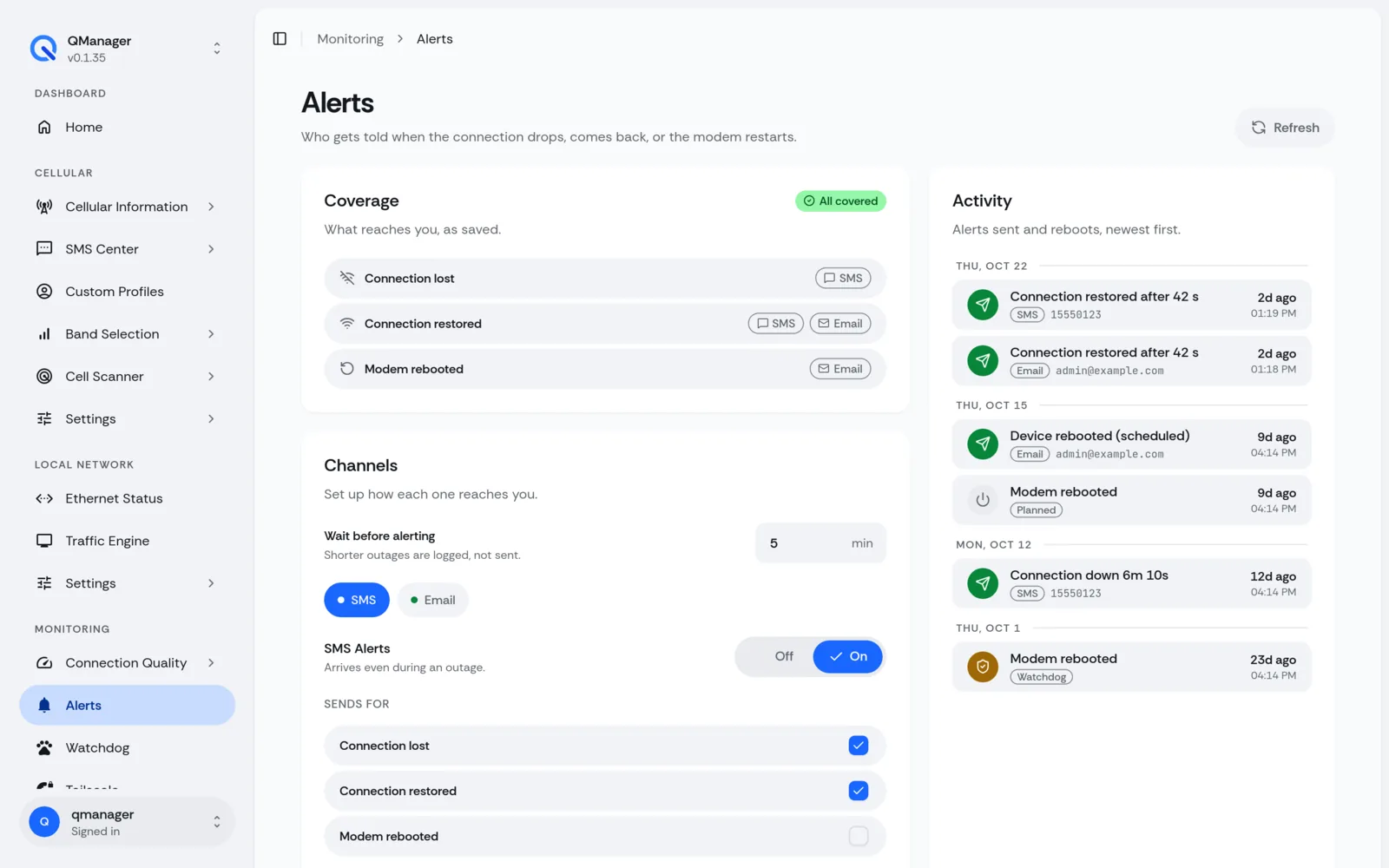 QManager RM551E Alerts screen