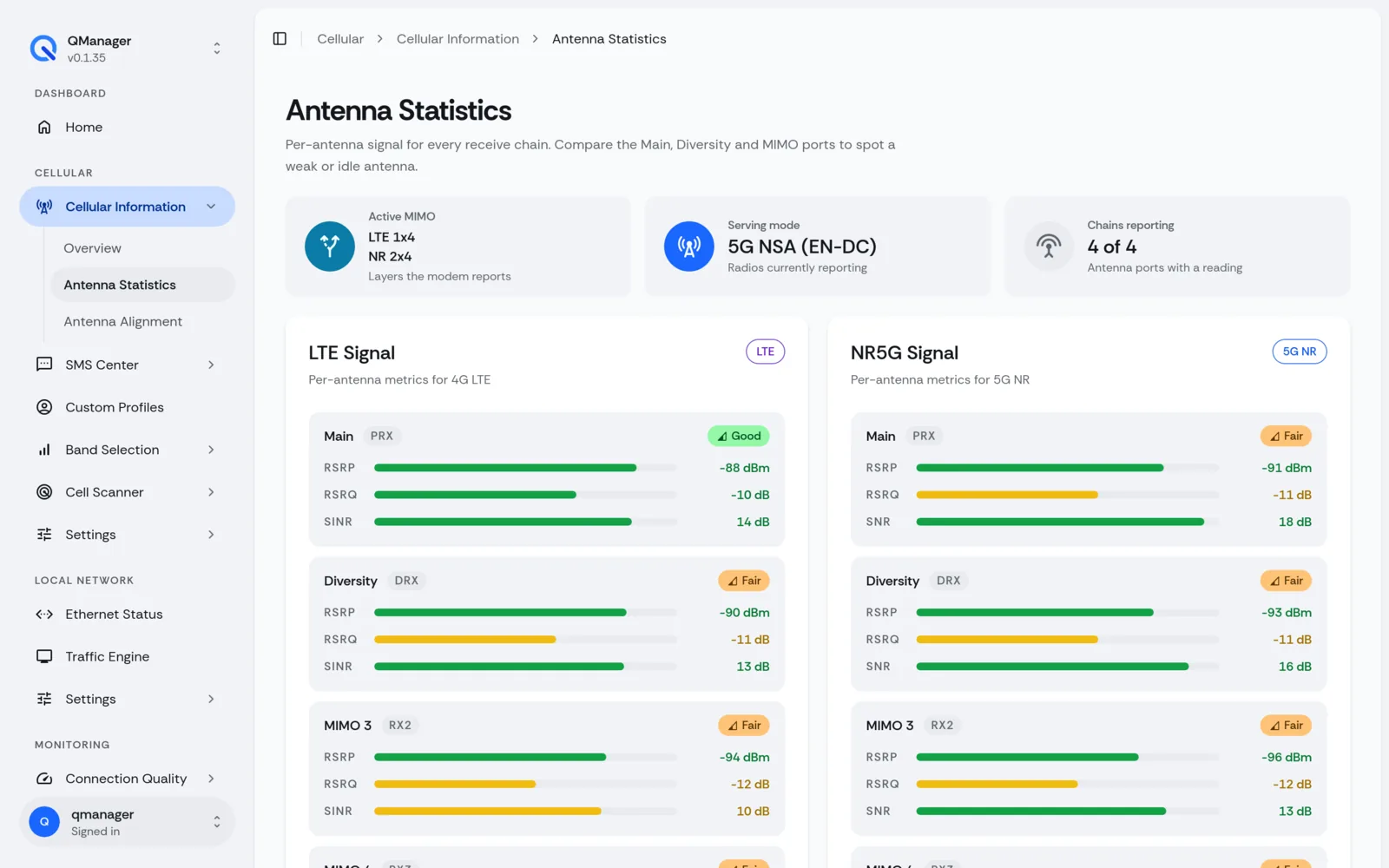 QManager RM551E Antenna statistics screen