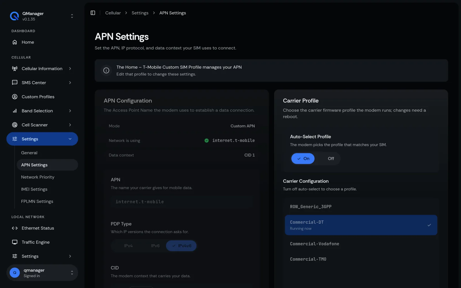 QManager RM551E APN settings screen