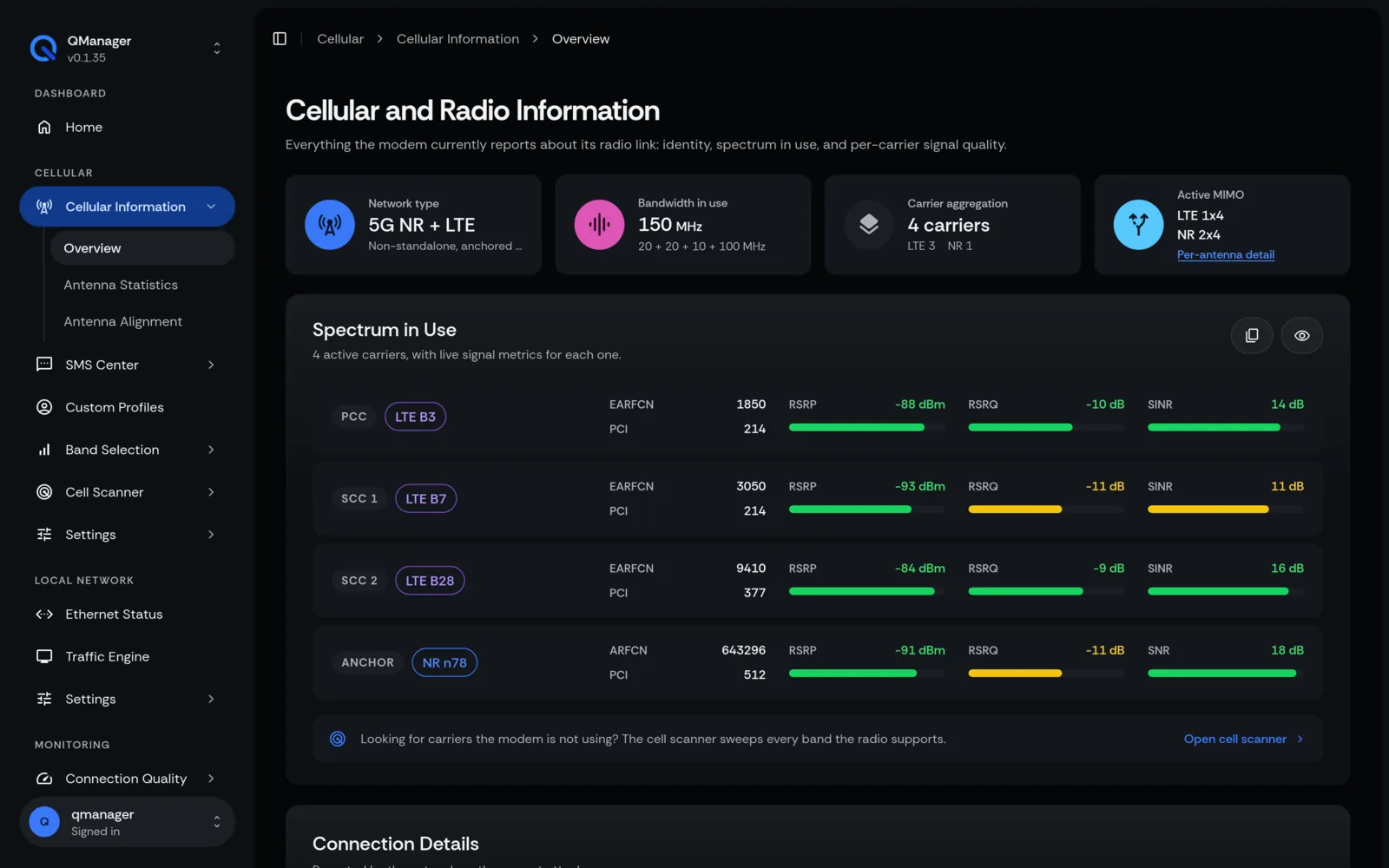 QManager RM551E Cellular information screen