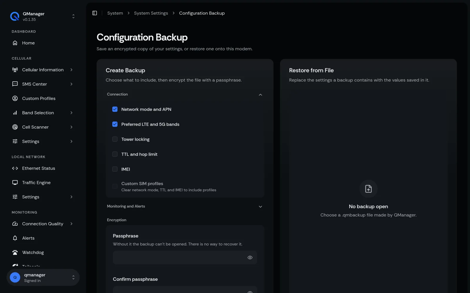 QManager RM551E Configuration backup screen