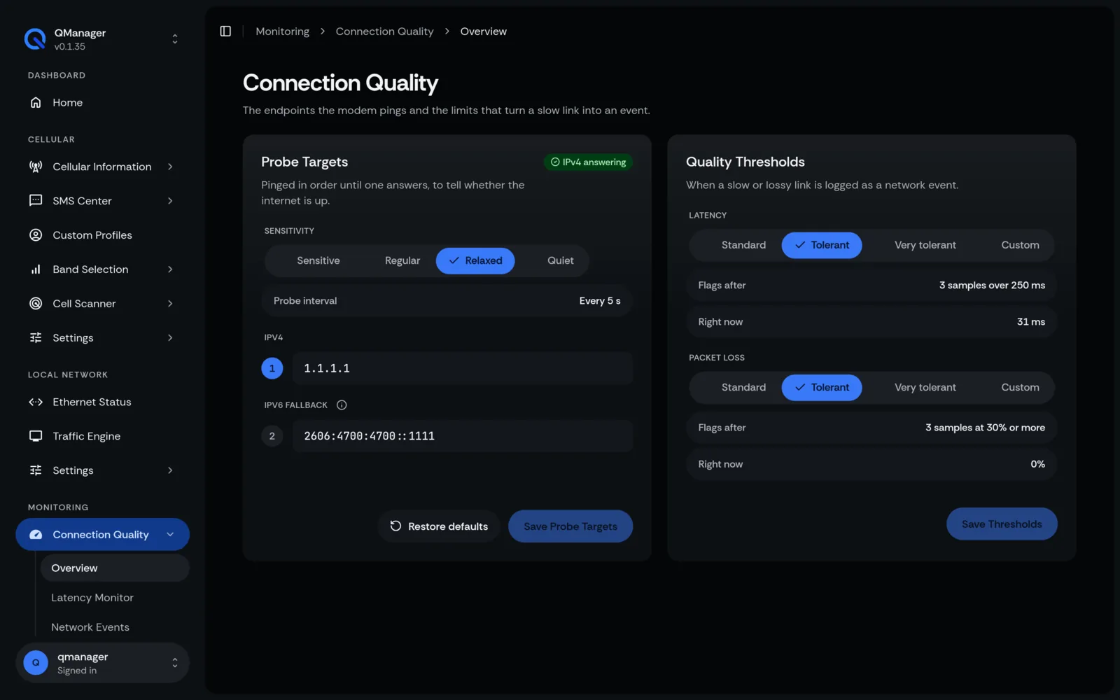 QManager RM551E Connection quality screen