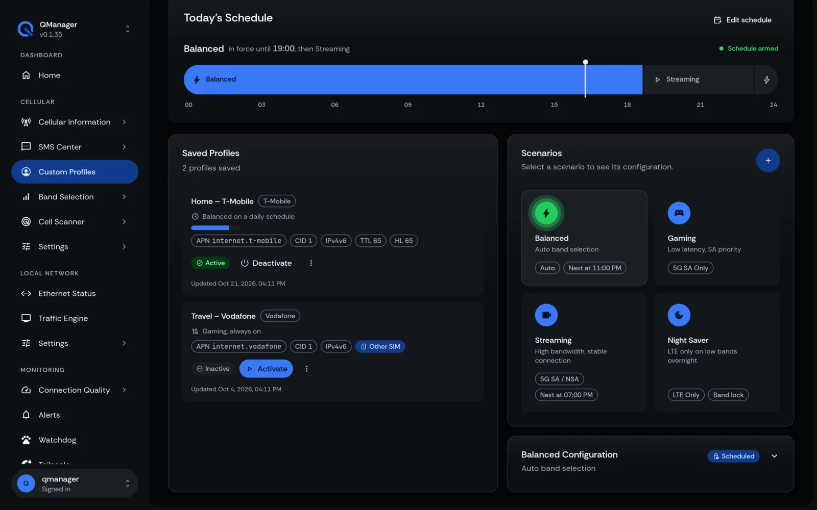 QManager RM551E Connection scenarios screen