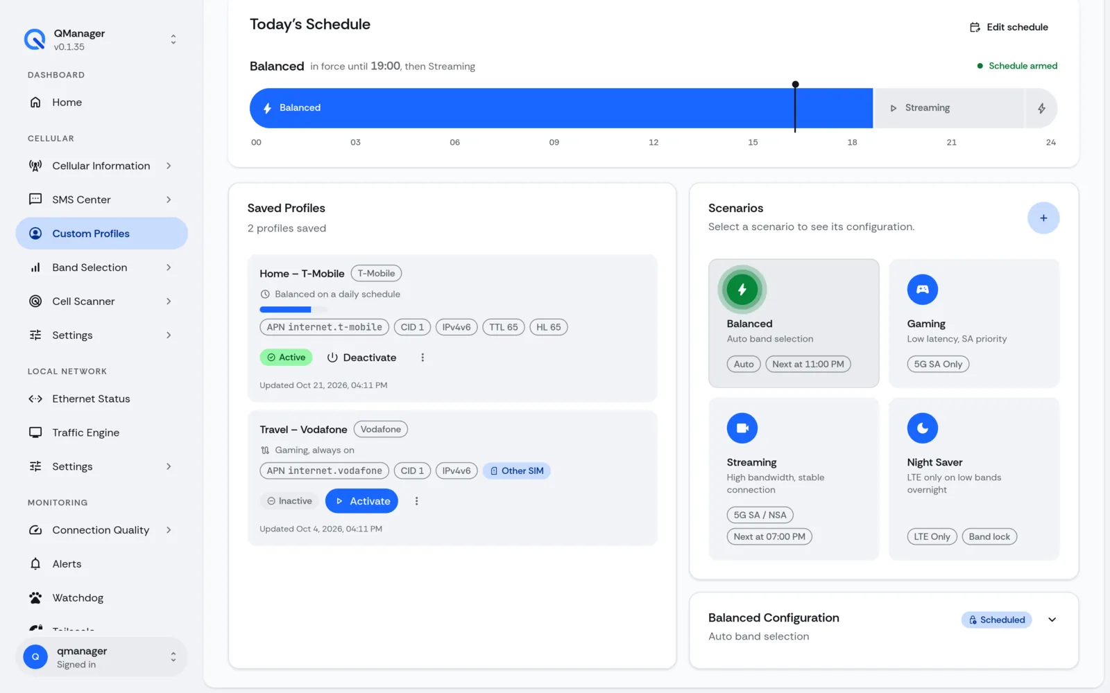 QManager RM551E Connection scenarios screen