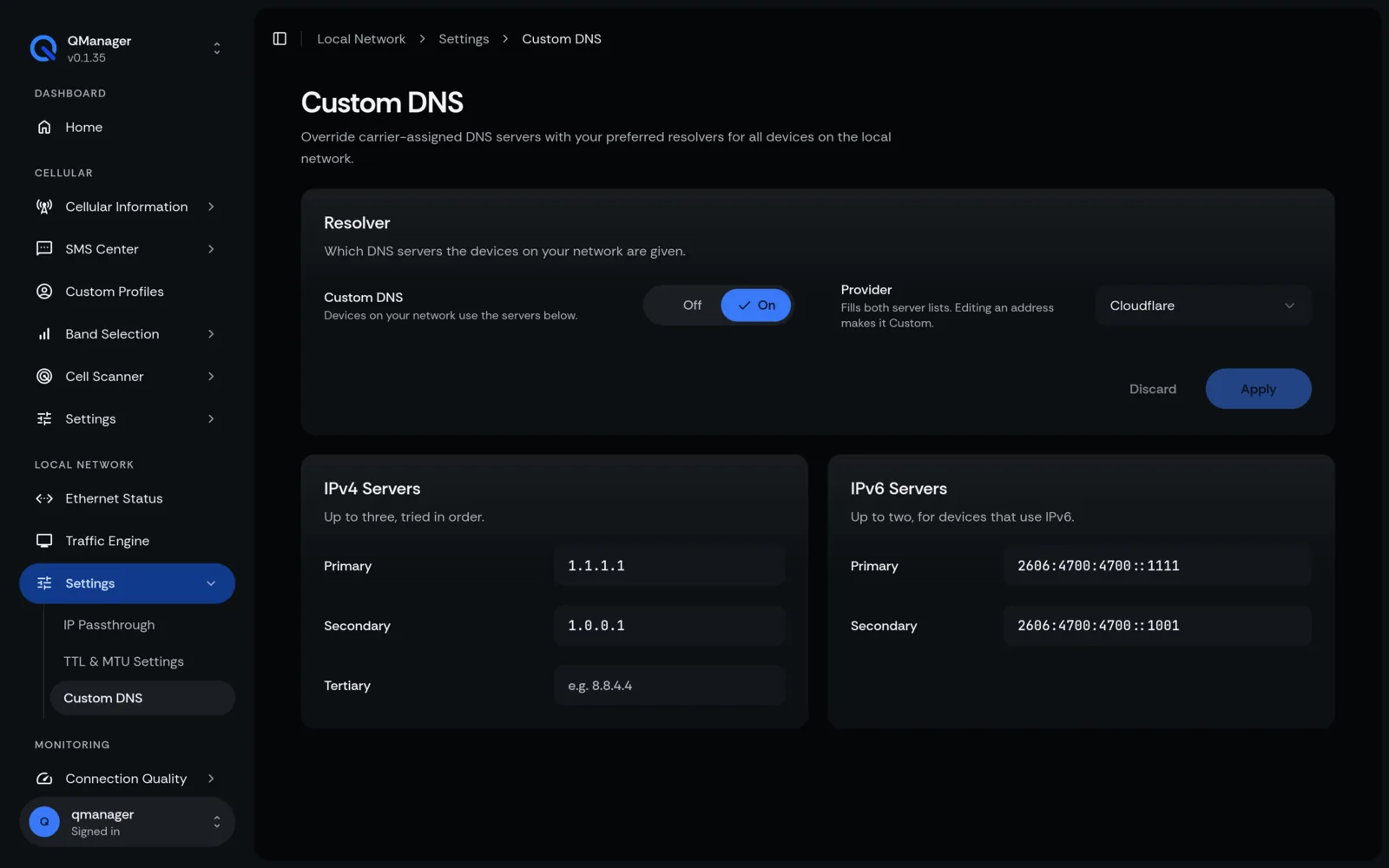 QManager RM551E Custom DNS screen
