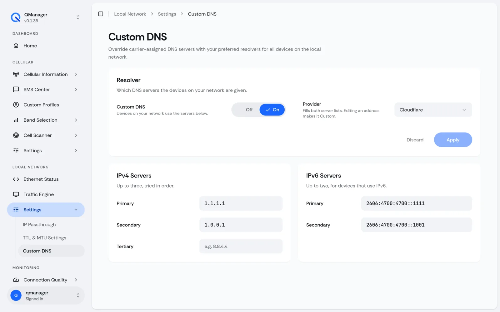 QManager RM551E Custom DNS screen