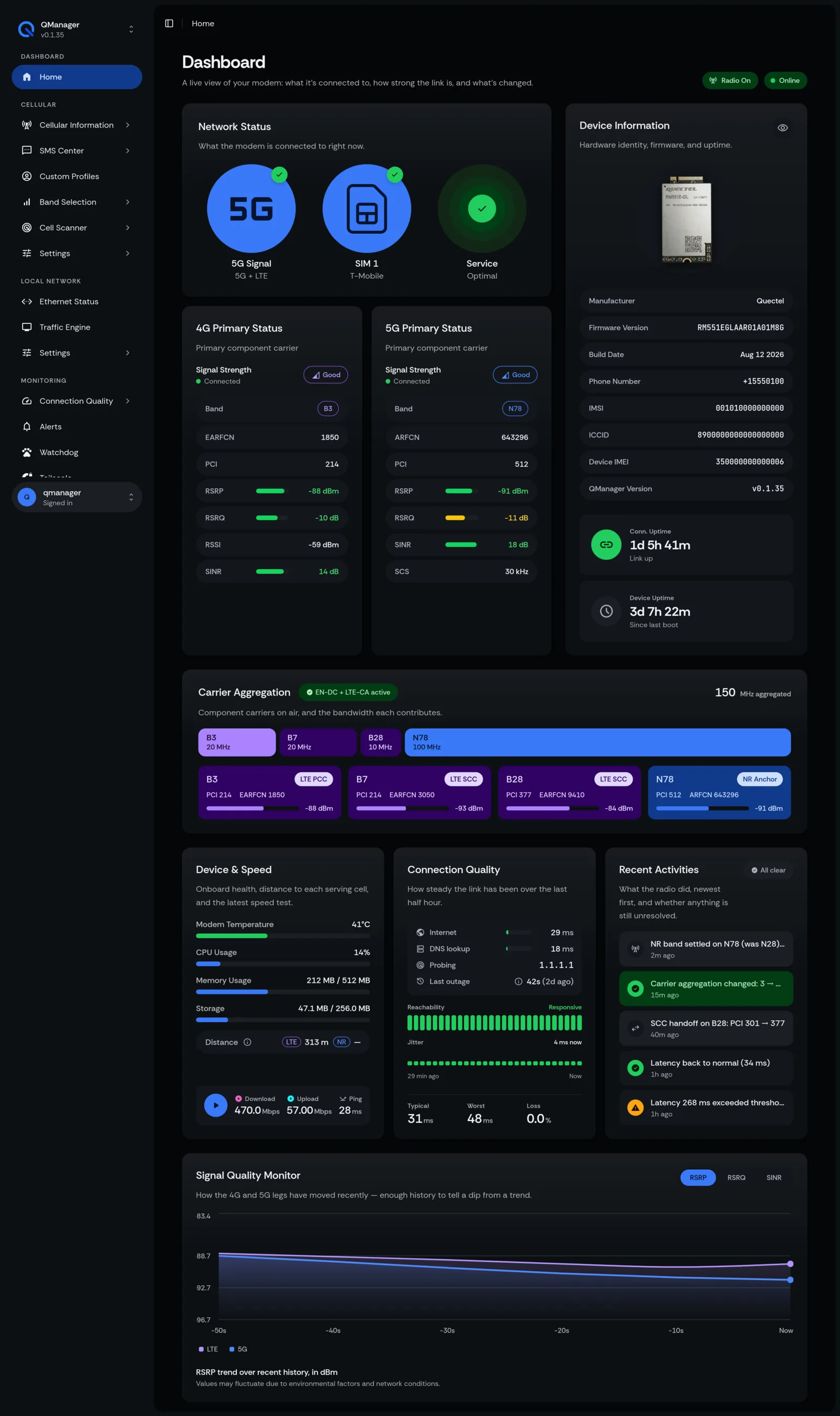 QManager RM551E Dashboard (full page) screen