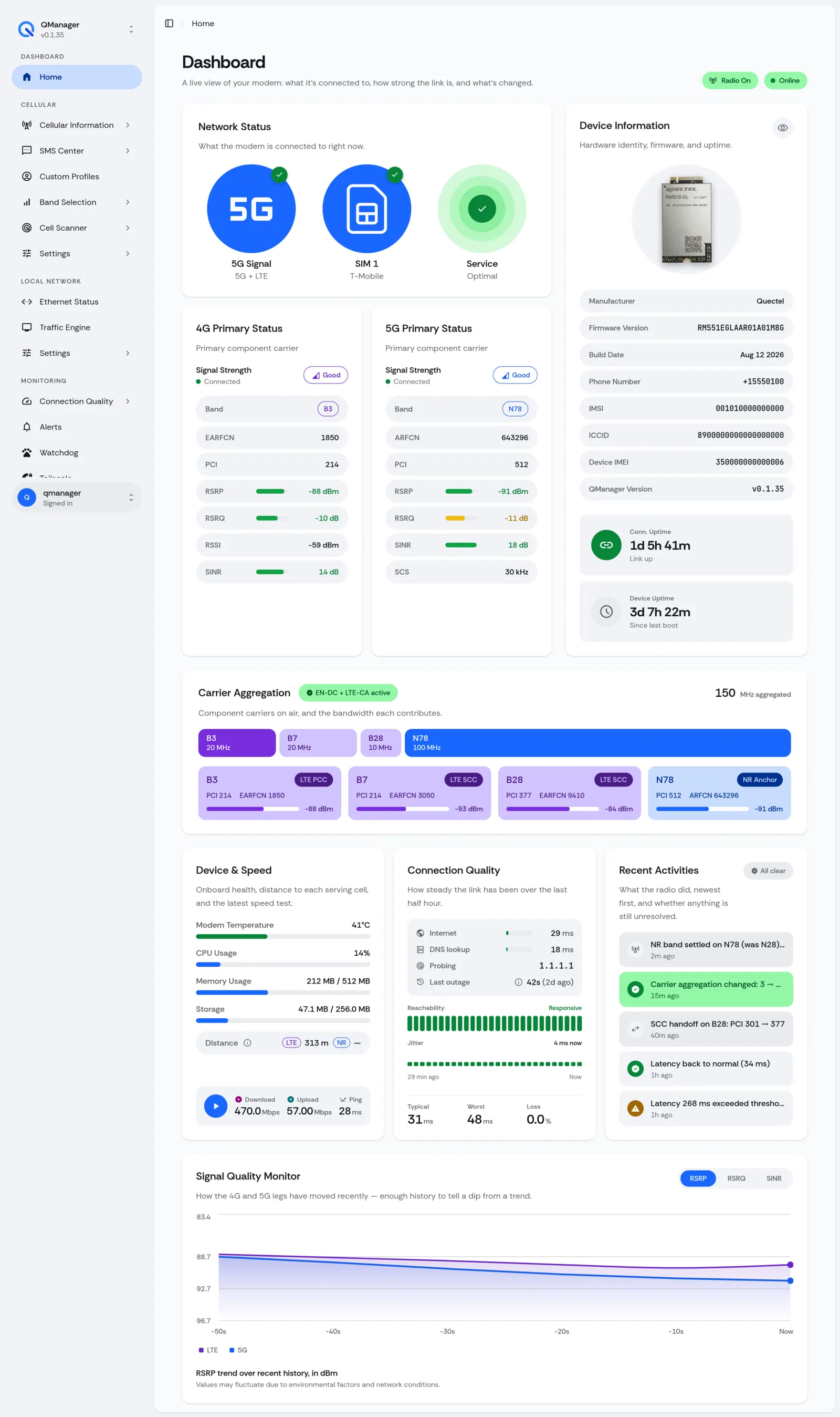 QManager RM551E Dashboard (full page) screen