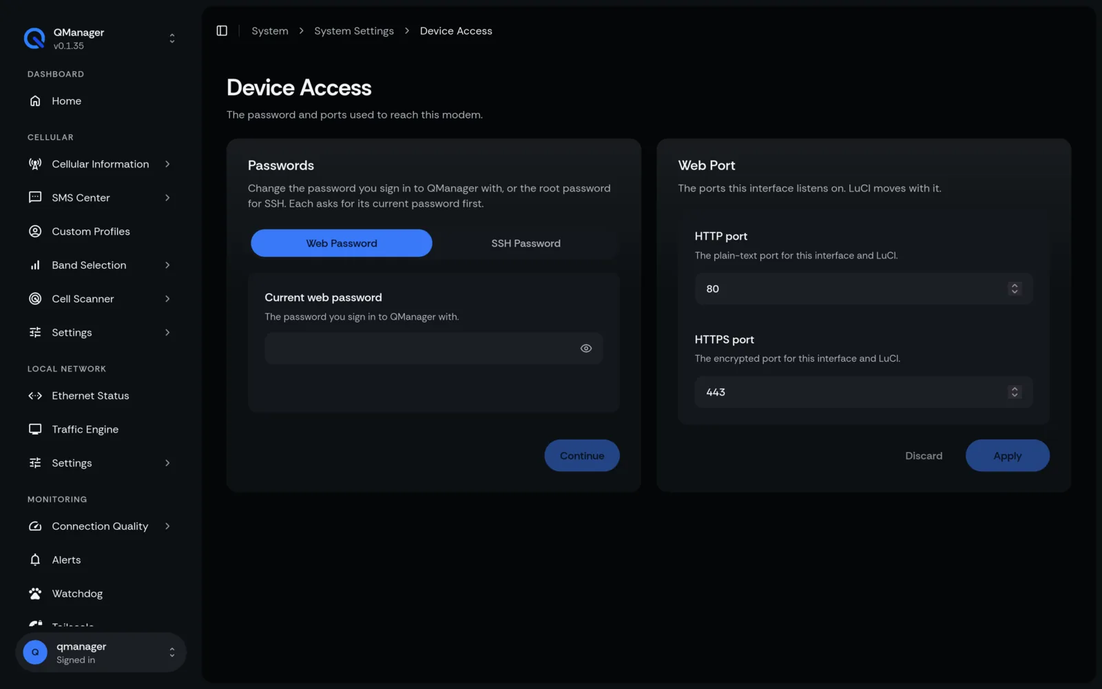QManager RM551E Device access screen