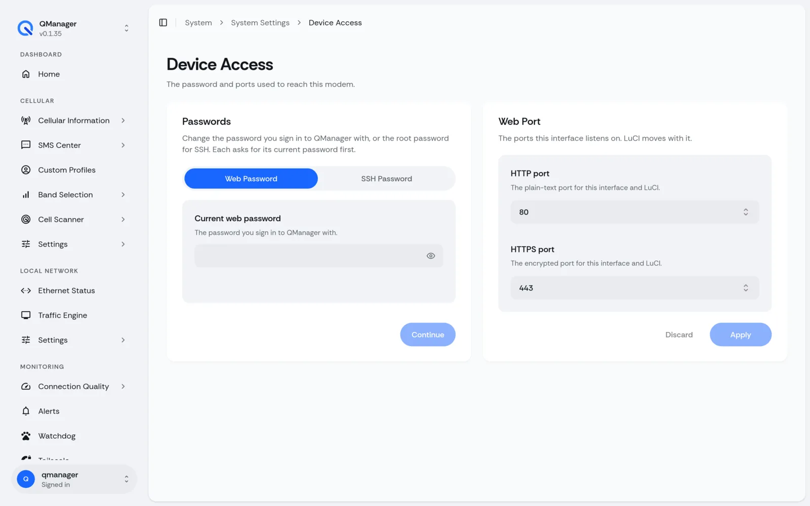 QManager RM551E Device access screen